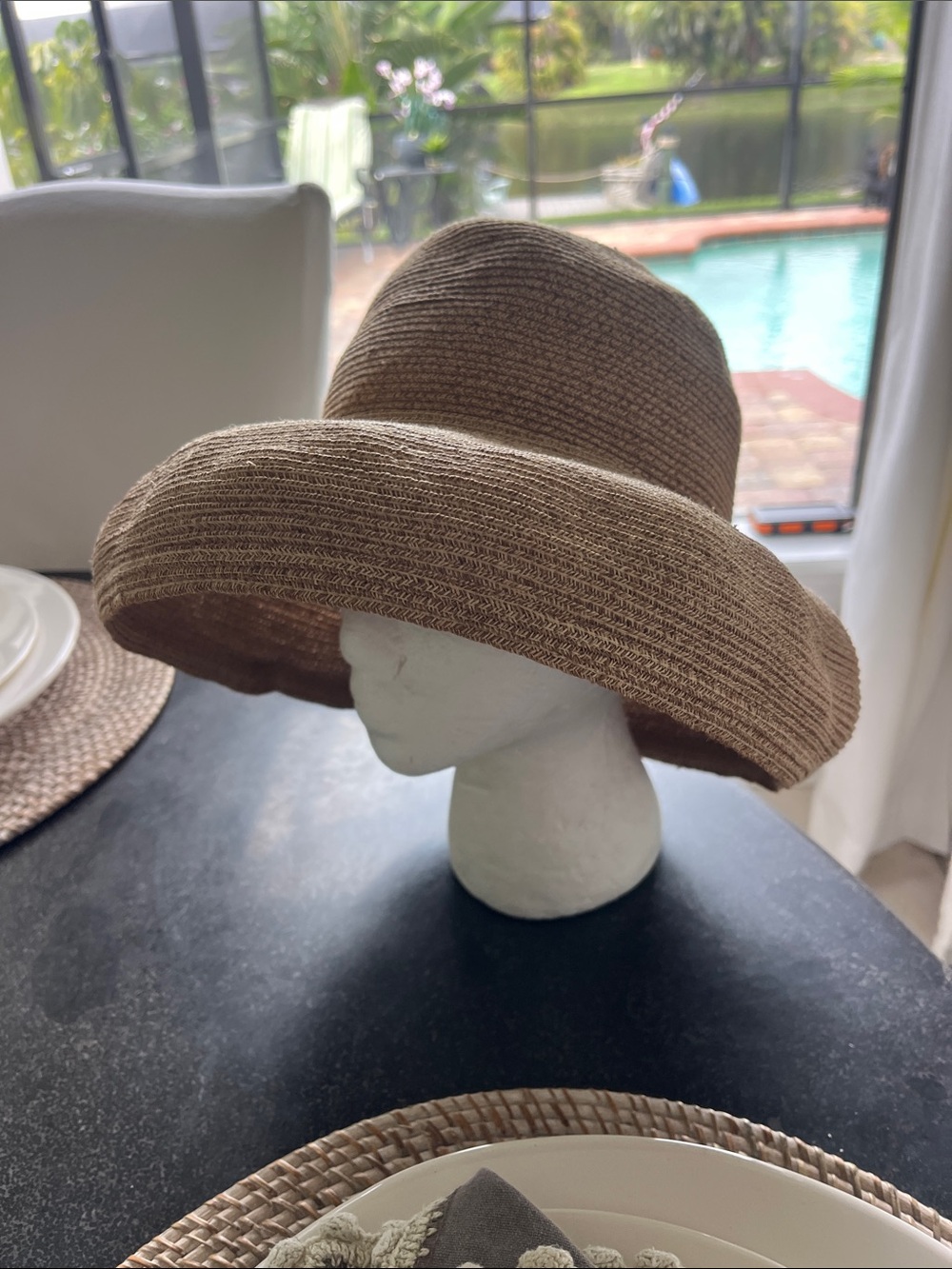 Eric Javitz tan row on row woven squishy flexible UPF 50 bucket hat. OS